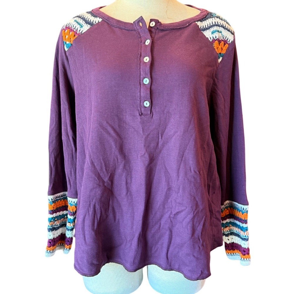 Sundance Crochet Accent Top Boho Hippie Button Up Henley Purple Size PL